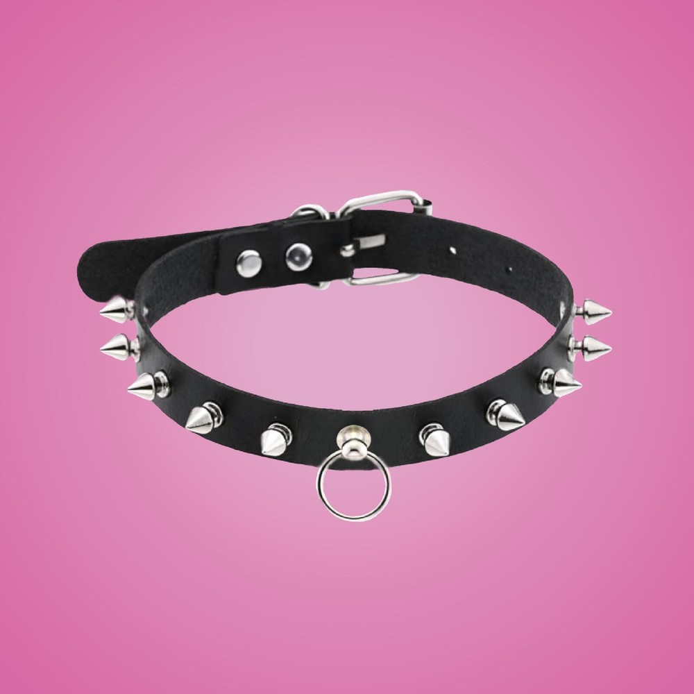 Edgy Black Punk Studded Spike Choker with Center Ring  