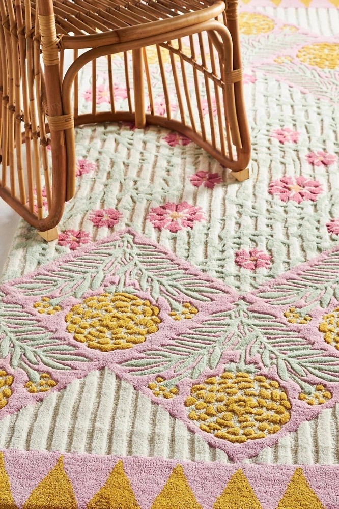Yellow Floral High Low Hand Tufted Wool Rug Aesthetic Design