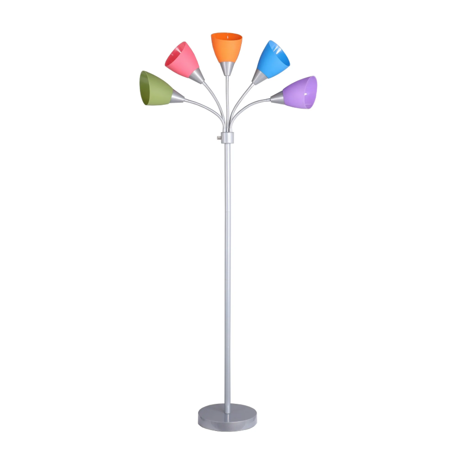 5 Light Floor Lamp Multi-Color Shades Metal Silver Finish Modern Young Adult New