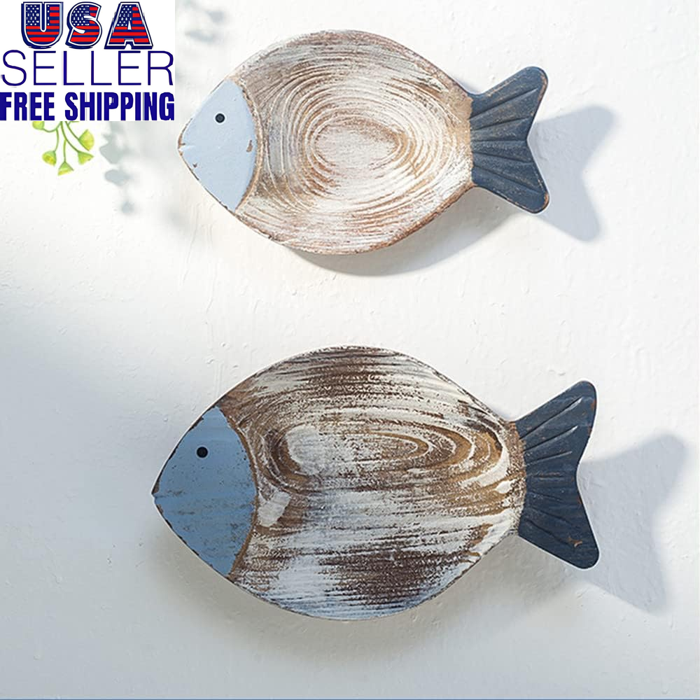 OECECR 2Pcs Wood Fish Nautical Beach Wall Decor, Wooden Hanging Coastal Wall Art