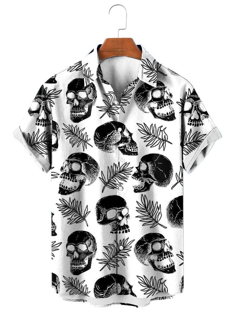 Skull Leaf Print Hawaiian Short Sleeve Shirt