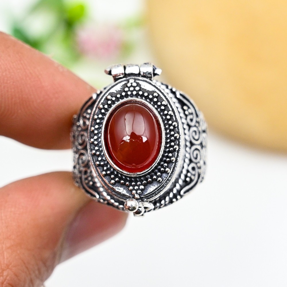 Natural Carnelian Gemstone 925 Sterling Silver Adjustable Pill Box Ring