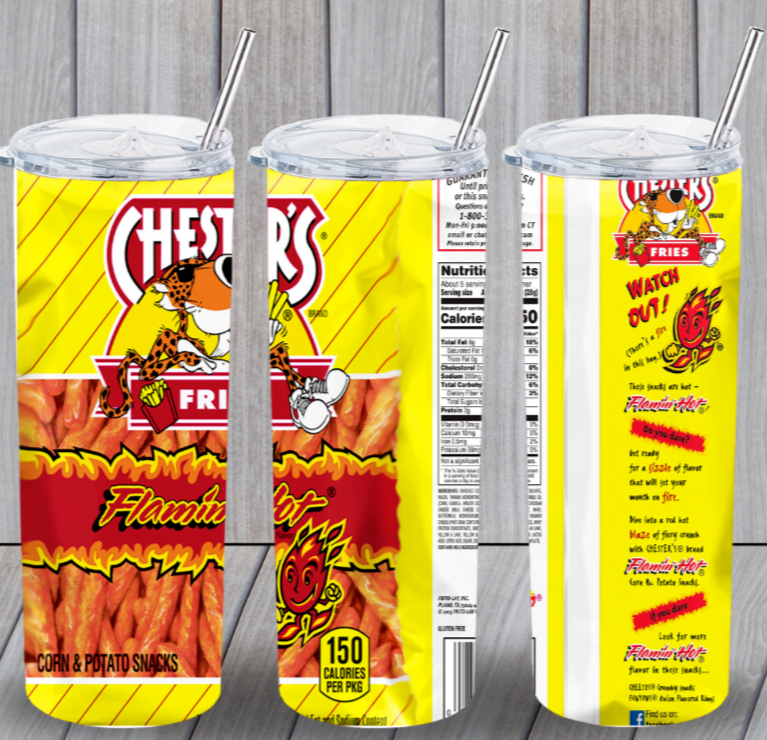 Chesters Flamin Hot Fries Multicolor 20oz Insulated Tumbler Box Lid Straw New