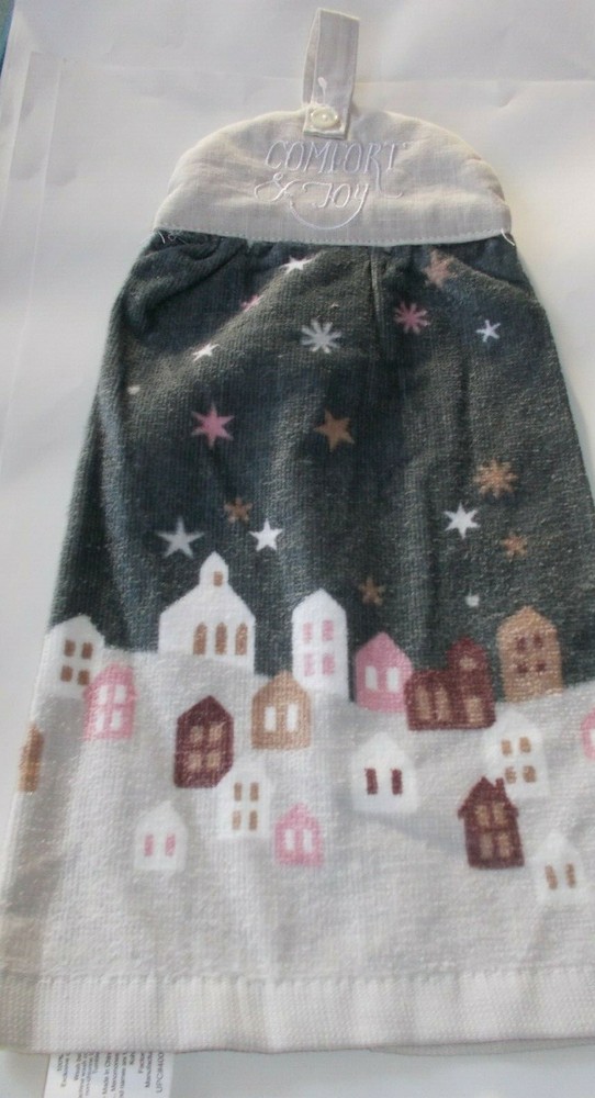 Colorful Christmas Stars & Houses Print Cotton Hanging Kitchen Towel-image