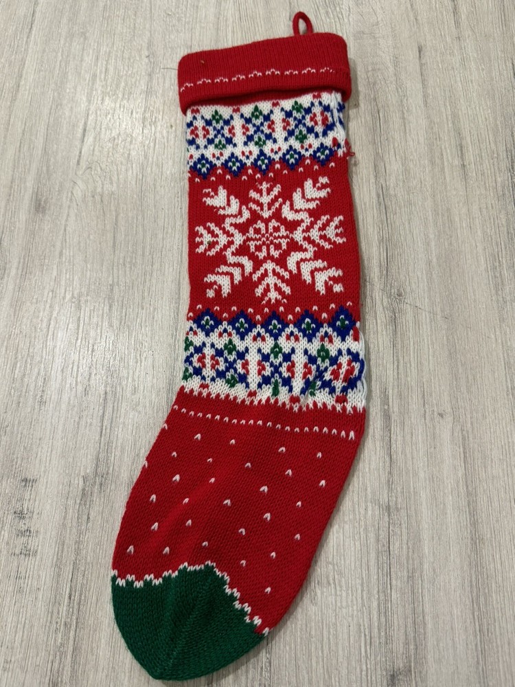 Vintage Retro Knit Christmas Stocking Traditional Red Green Snowflake Intarsia