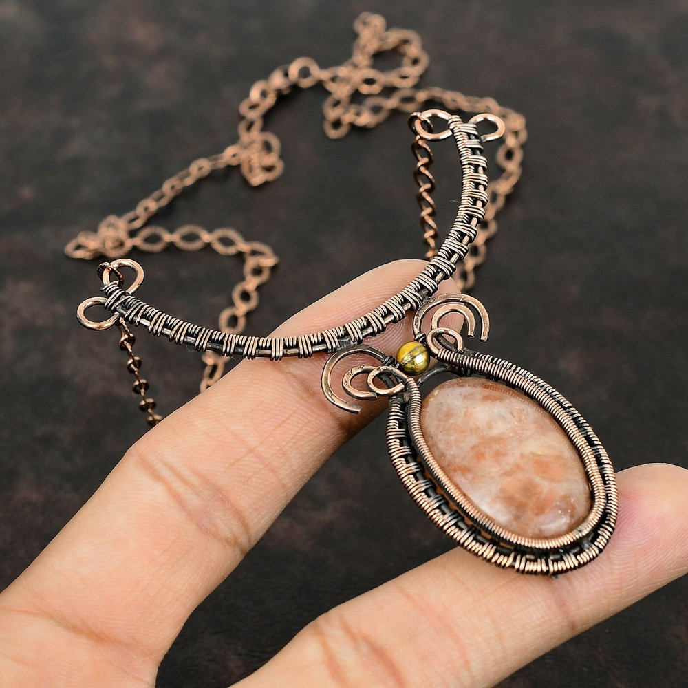 Valentines Sale Sacral Chakra Oval Sunstone Stone Copper Wire Wrapped Necklace