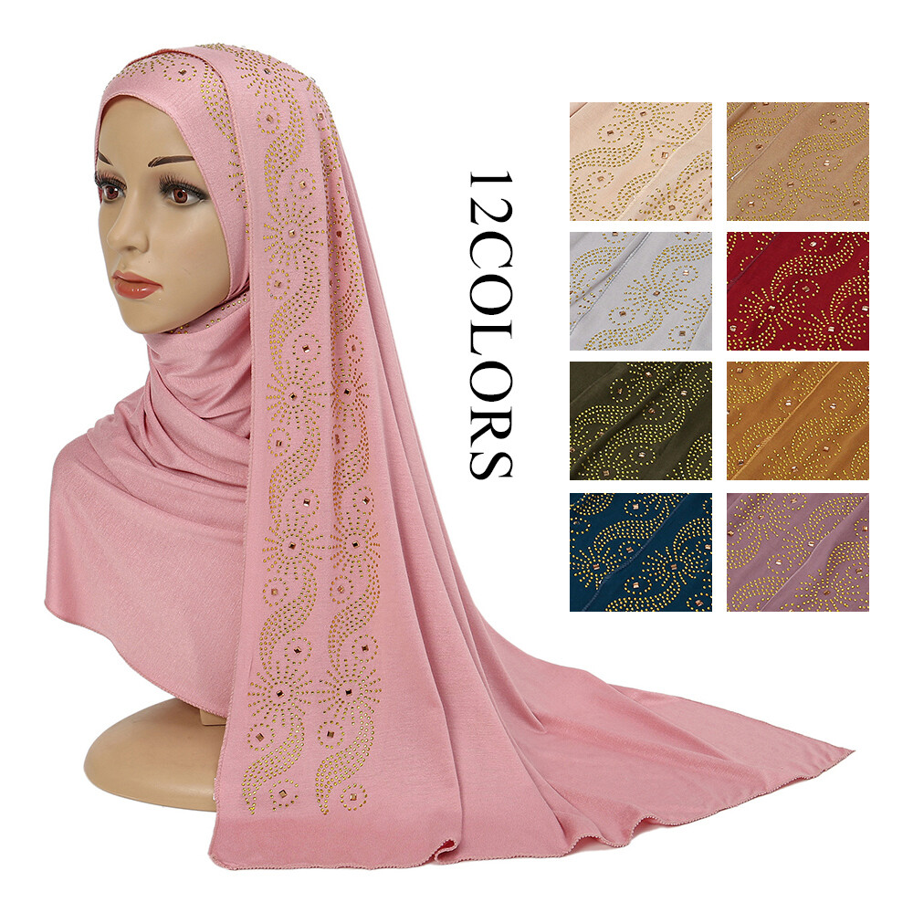 Muslim Turban Wrap Scarf Islamic Hot Drilling Scarf Stretch Soft Long Shawl