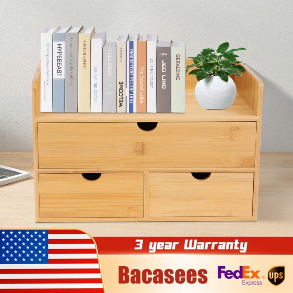 Bamboo Desk Organizer with 3 Drawers Tabletop Cosmetic Storage Simple Design NEW
