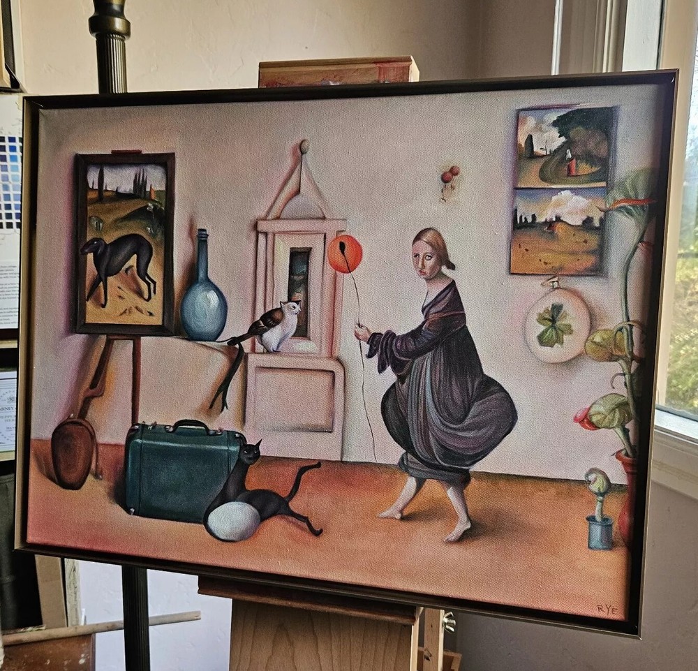 Original Oil on Canvas Surreal Dancing Girl Cat Dog Owl Framed Vtg Style Pop Art