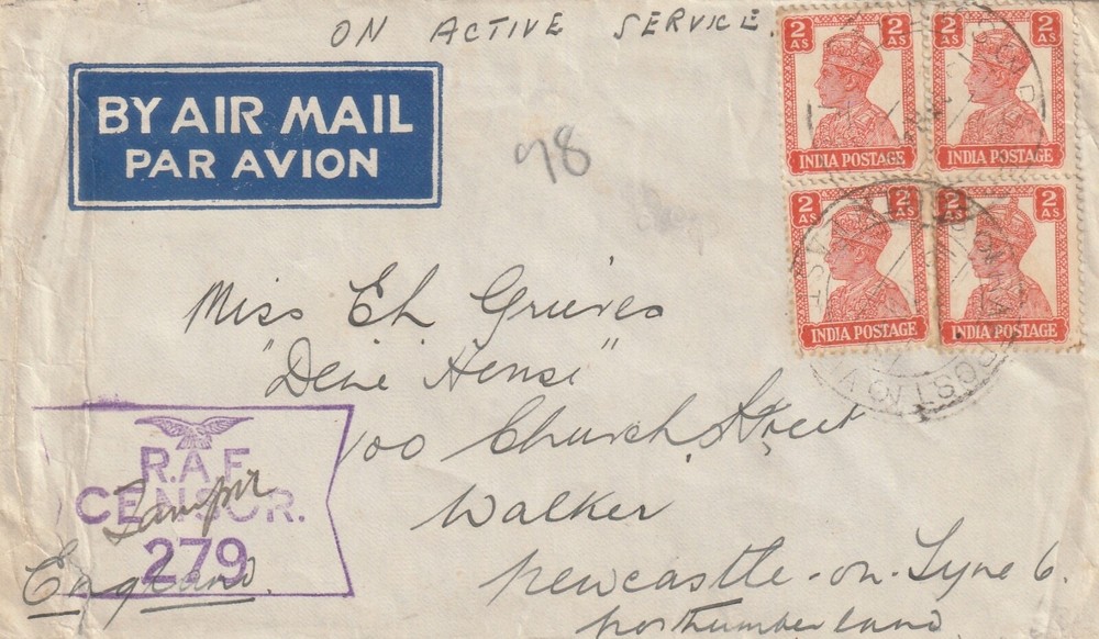 INDIA to GB WW2 RAF CENSORSHIP 1944 AIRMAIL