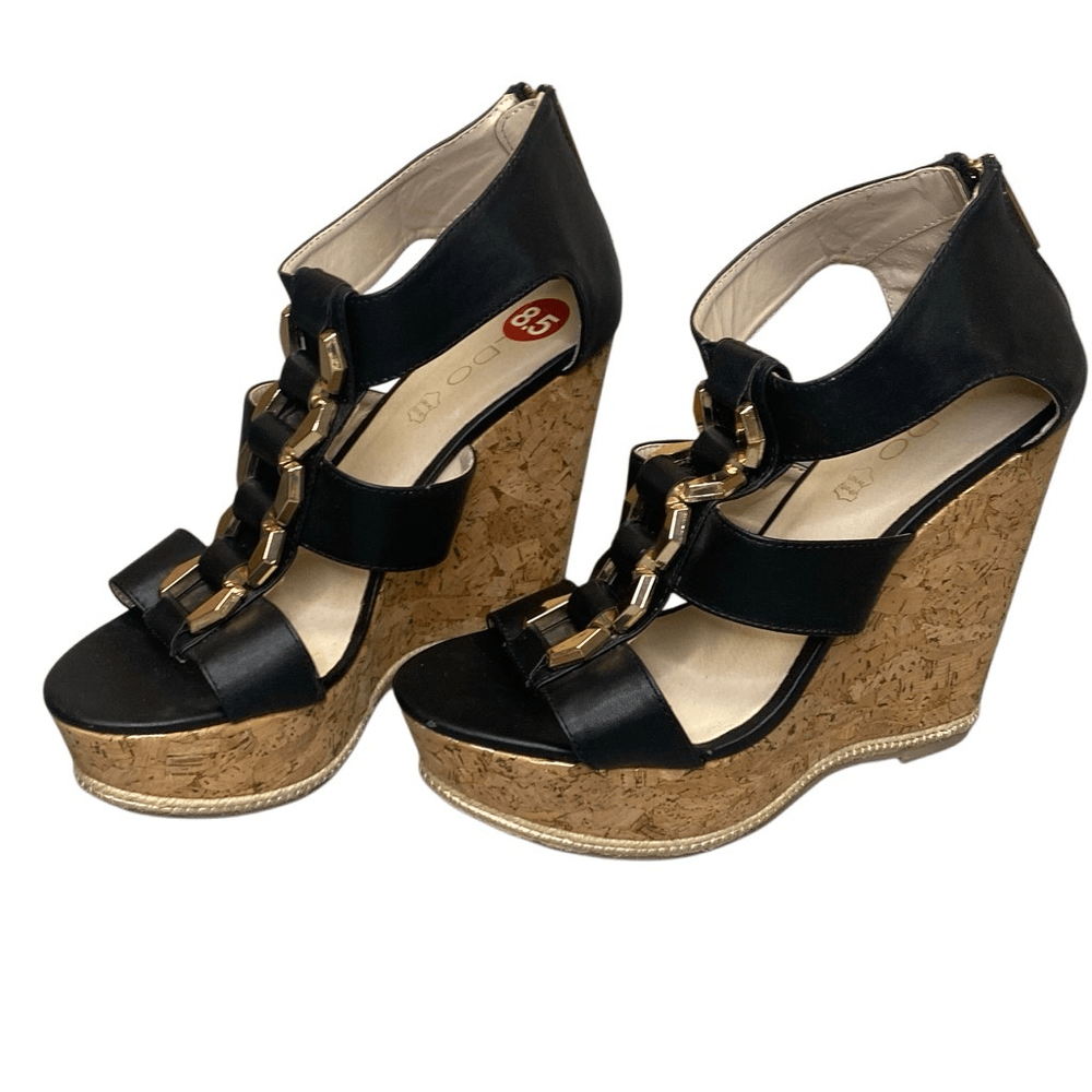 Aldo Black Gold Strappy Wedge Sandals Cork Leather Size 8.5