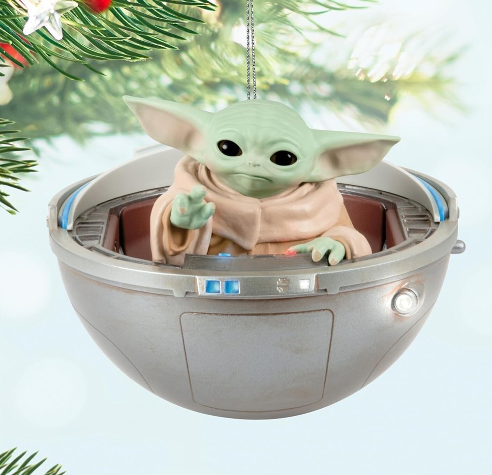2024 Hallmark Star Wars Mandalorian Grogu Hovering Pram Ornament with Lights and Sound
