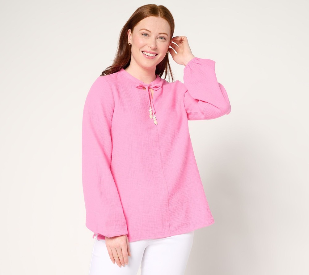 Belle by Kim Gravel Women's Top Plus Sz 1X Beach Club 100% Cotton Pink A686033