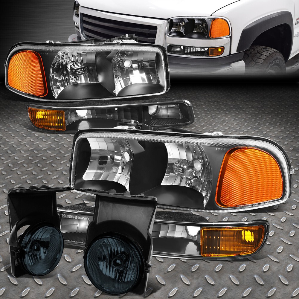 Black Amber 4pc Bumper Headlight & Smoke Lens Fog Light Kit for 03-06 GMC Sierra