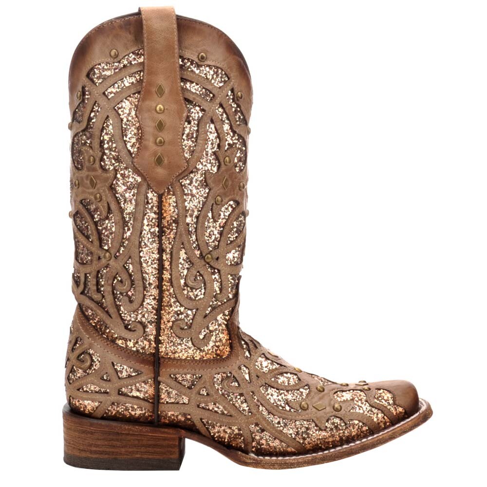 Glitter Tooled Inlay Square Toe Cowgirl Boots for Women in Brown