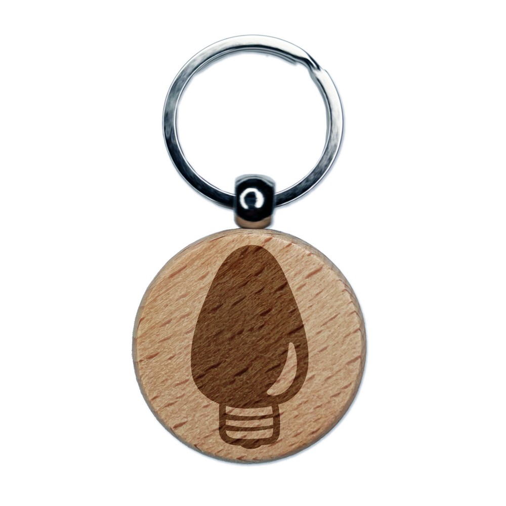 Christmas Light Bulb Engraved Wood Round Keychain Tag Charm