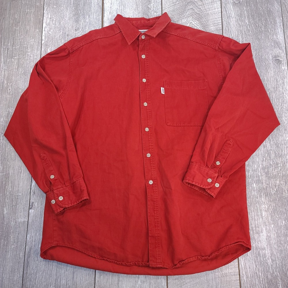 Edwin Mens Heavy Canvas Shirt Size Large Red Button Up Long Sleeve Vintage Top