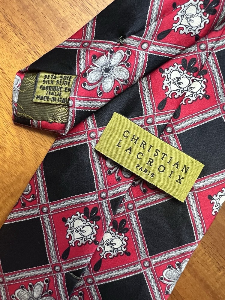 Christian Lacroix Paris Men's Silk Tie Geometric Floral Red Black Logo Luxury