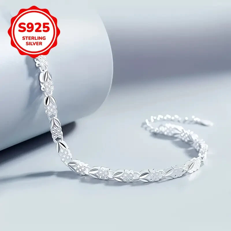 Vintage 925 Sterling Silver Bracelet, Boho Chic Style with Intricate Leaf Design