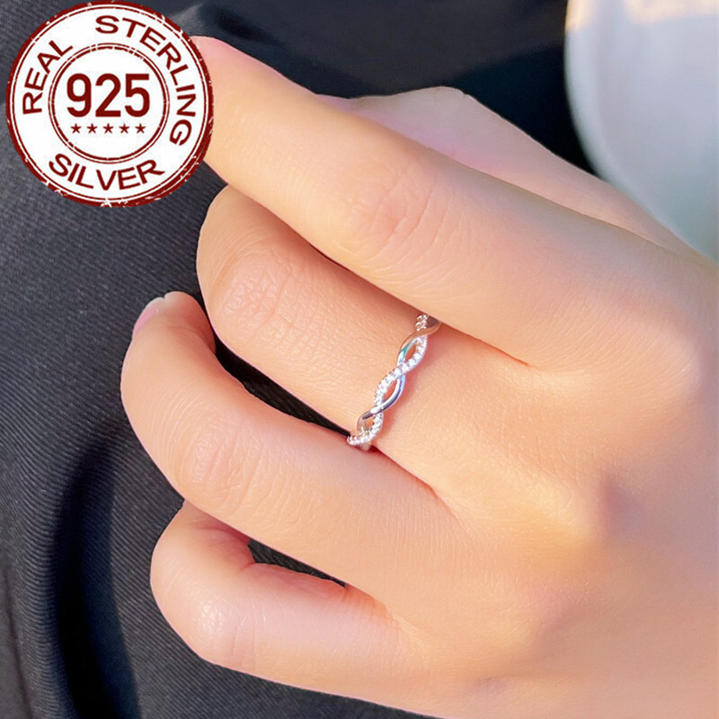 Elegant 925 Sterling Silver Twisted Open Cuff Ring Women Cubic Zirconia Jewelry