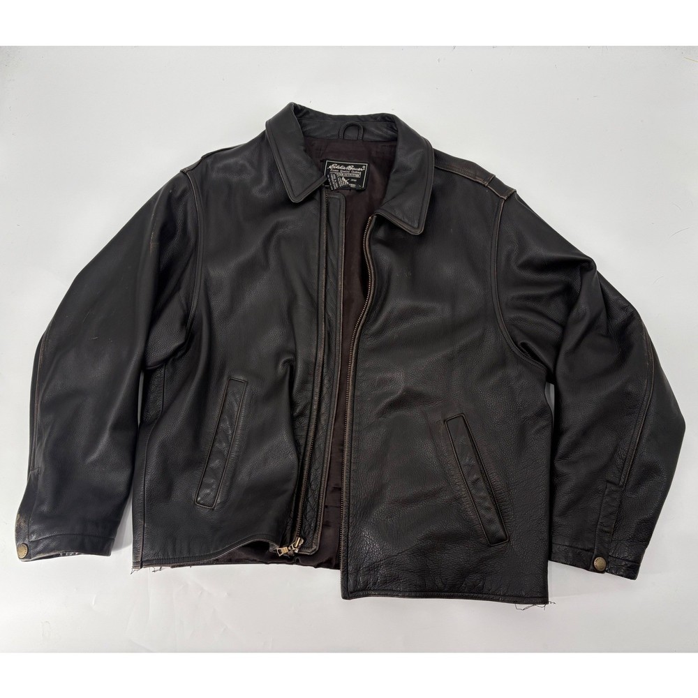 Eddie Bauer Mens Leather Jacket Brown Full Zip Vintage Bomber Coat WPL Large