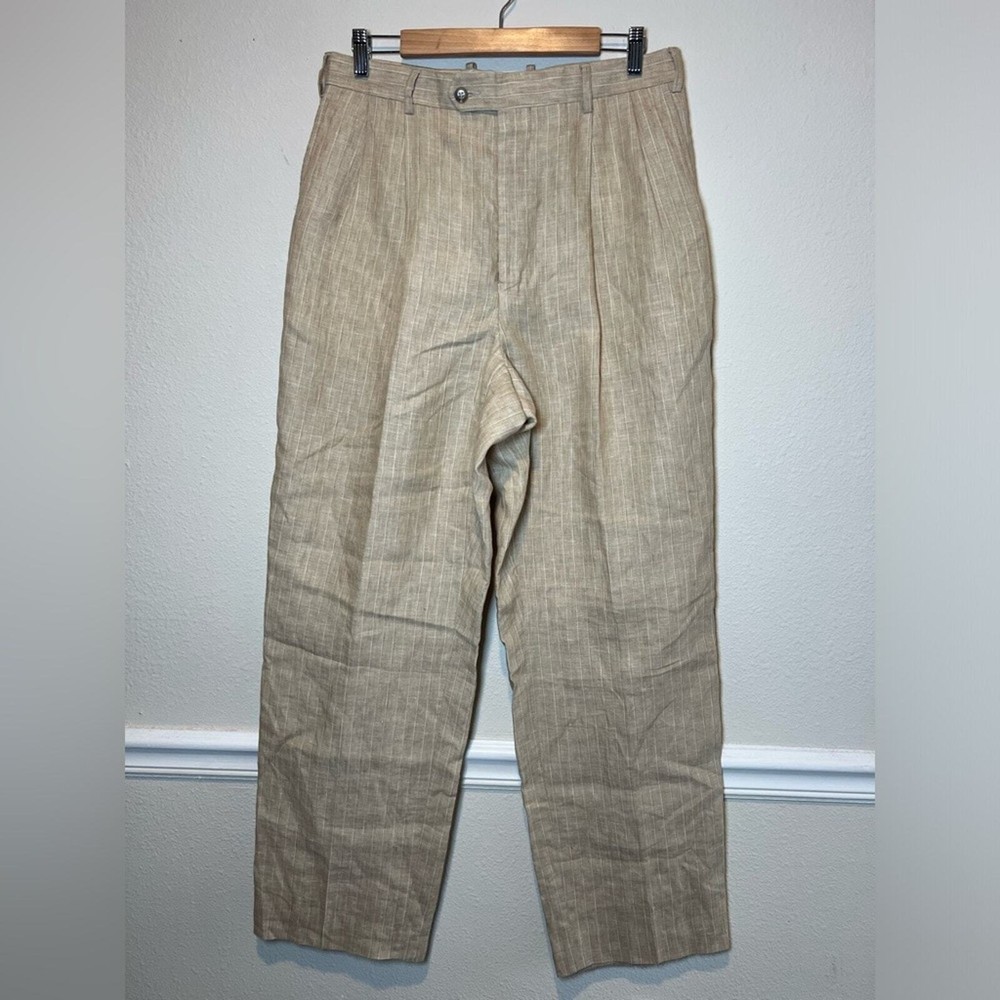 Bachrach Men’s 100% linen tan sand aesthetic dress pants size 35W