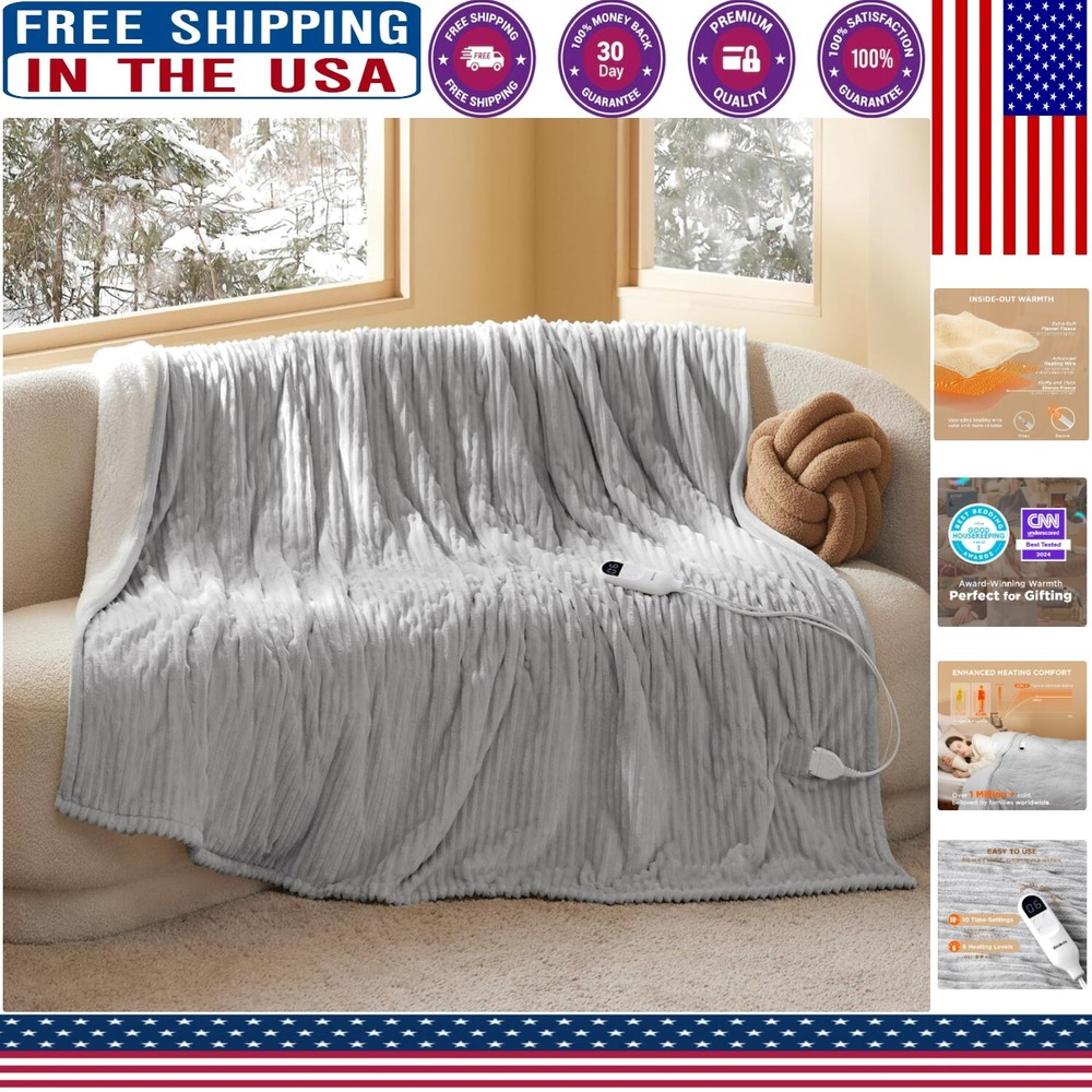 Twin Electric Blanket Soft Ribbed Flannel 6 Heat Levels Auto Shut-off
