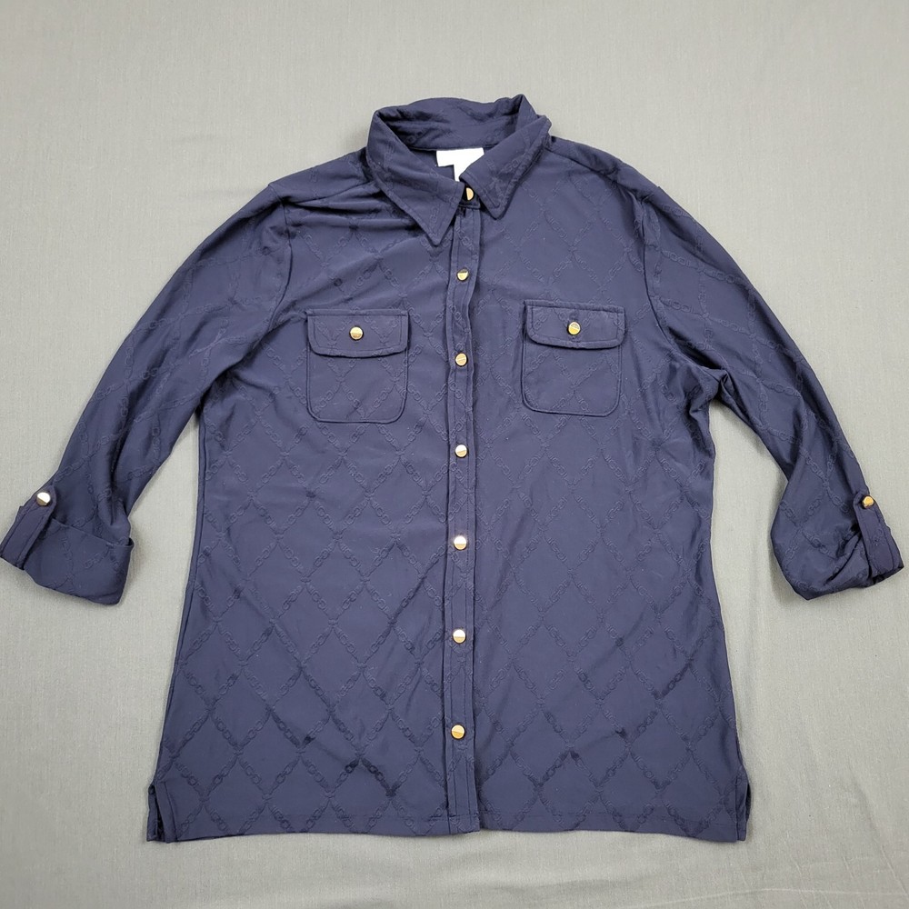 Charter Club Shirt Womens Large L 3/4 Cuff Sleeve Button Up Stretch Pockets Blue