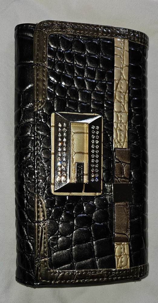 GUESS Trifold Wallet Bow Croc Faux Leather Authentic Slate Bling Logo