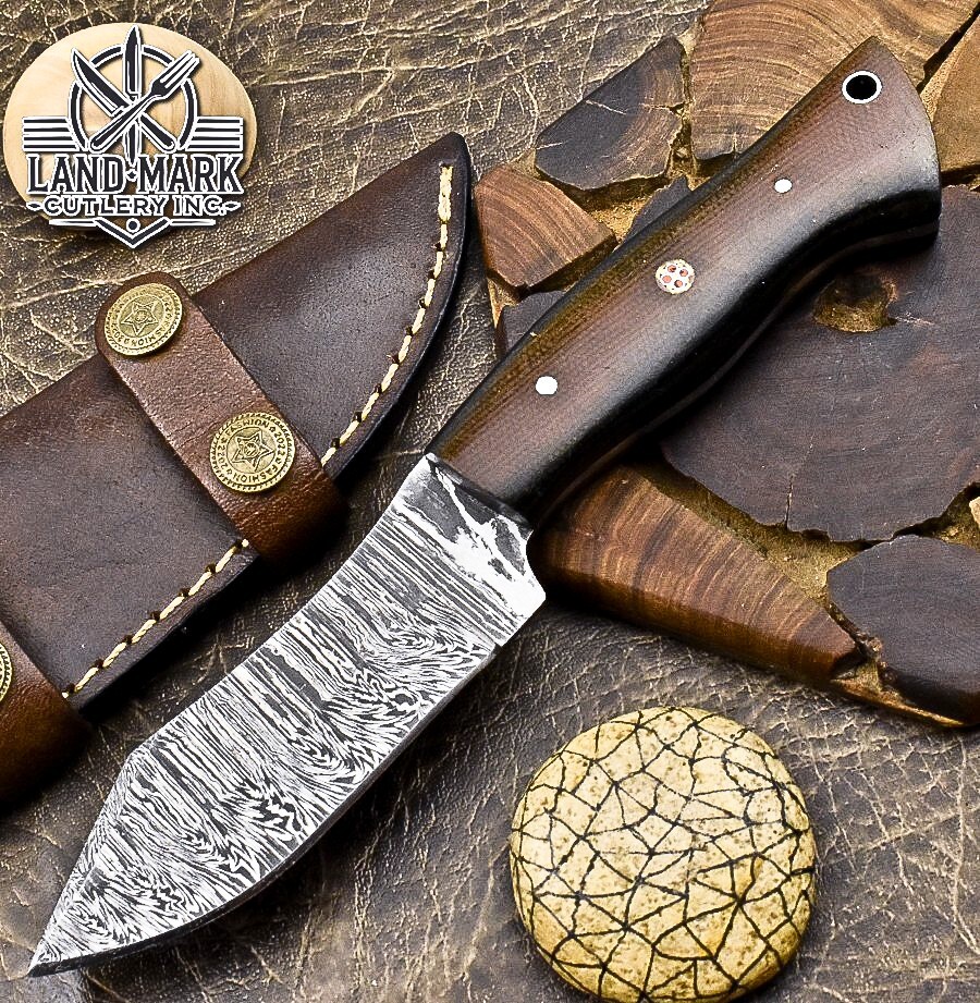 BEAUTIFUL  DAMASCUS HANDE MADE HUNTING SKINER KNIFE WITH BROWN MICARTA HANDLE