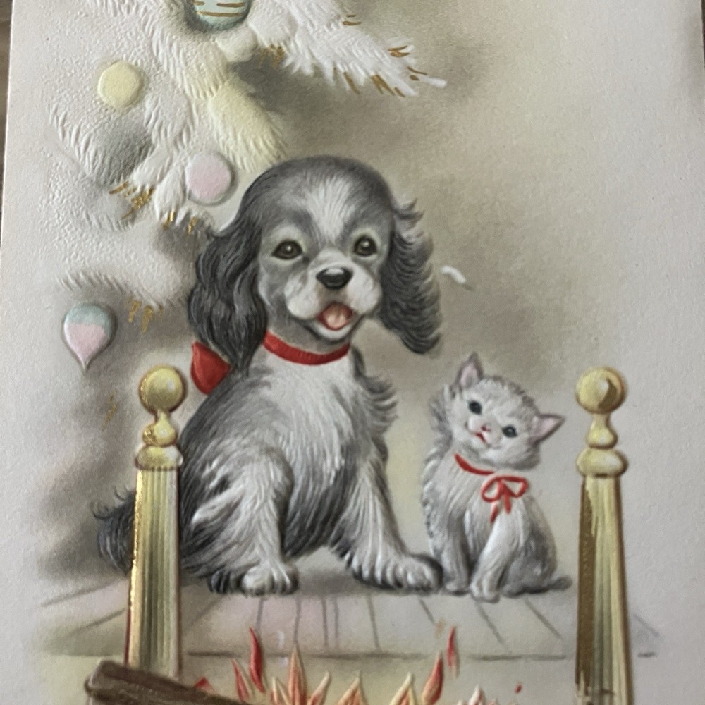 Vtg MCM Christmas Greeting Card Dog Cat Fireplace Embossed Unused