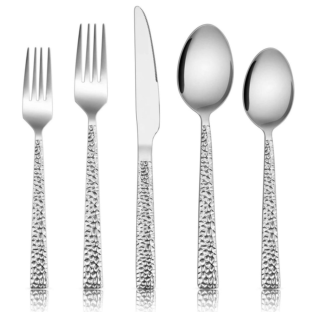 Hammered Silverware Set, 40-Piece Stainless Steel Square Flatware Set for 8, ...