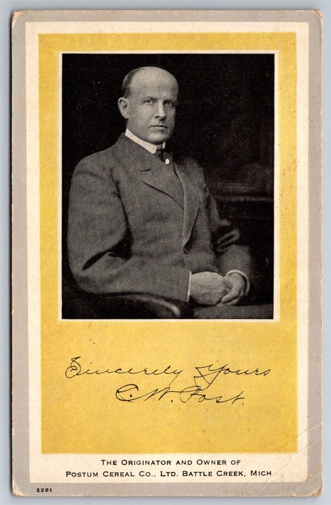 Postum Cereal Owner CM Post Portrait Signature Battle Creek MI C1930 Postcard H6