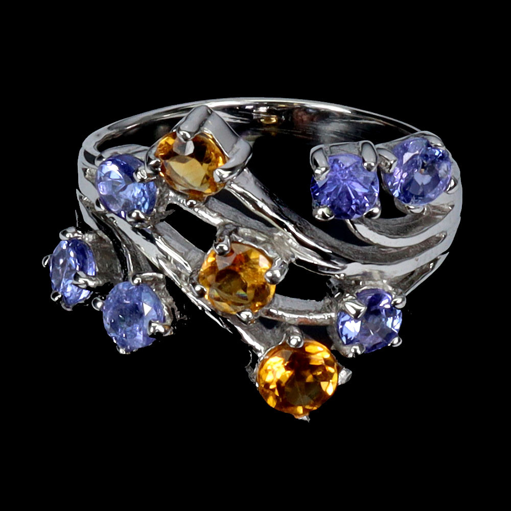 925 Sterling Silver Ring with 4mm Round Citrine & Tanzanite Gemstone Size 8