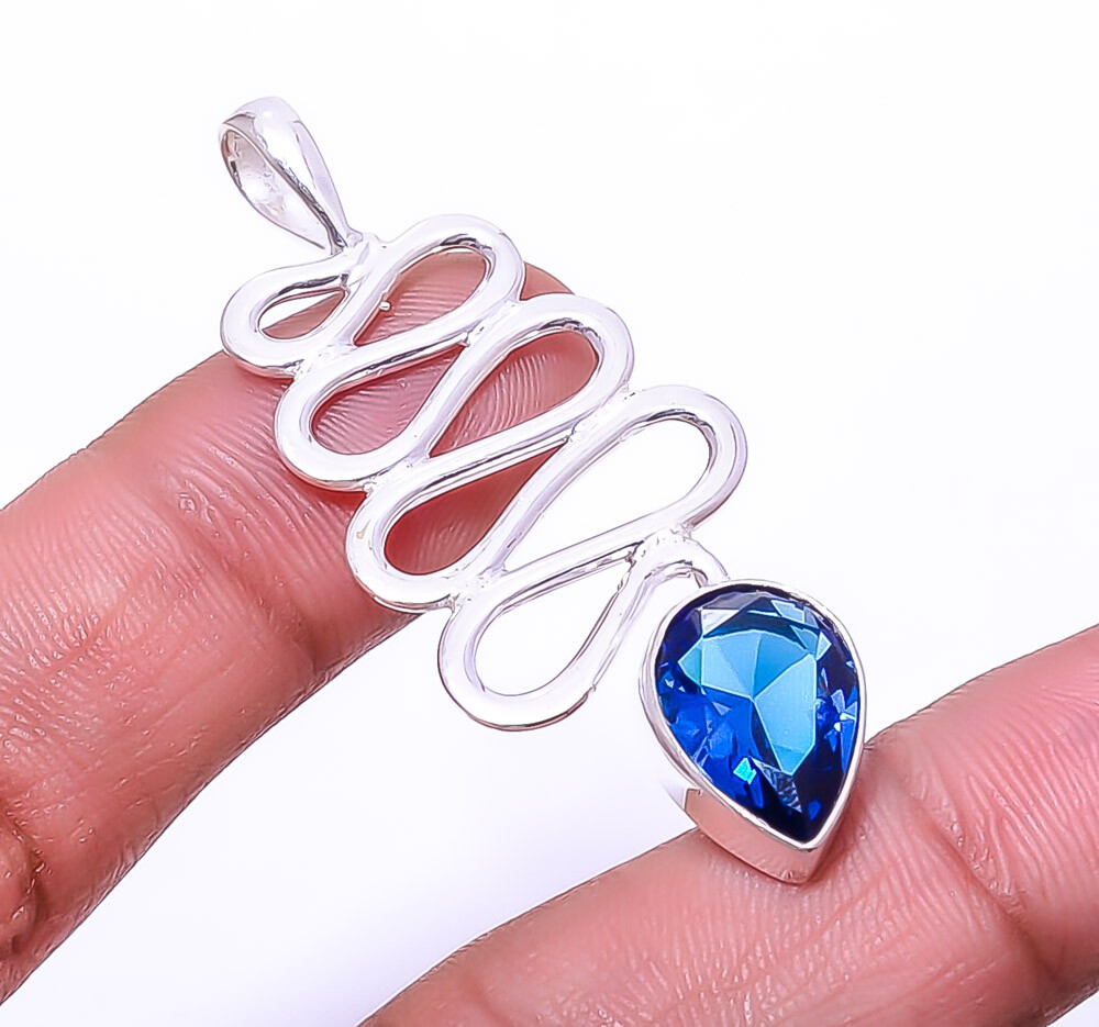 Blue Sapphire (Simulated) 925 Sterling Silver Snake Pendant 1.95