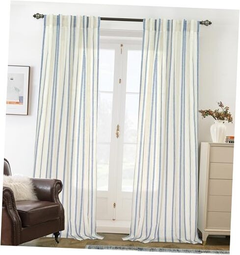 Farmhouse Navy Linen Vertical Striped Curtains 52x102 Inches Pack of 2