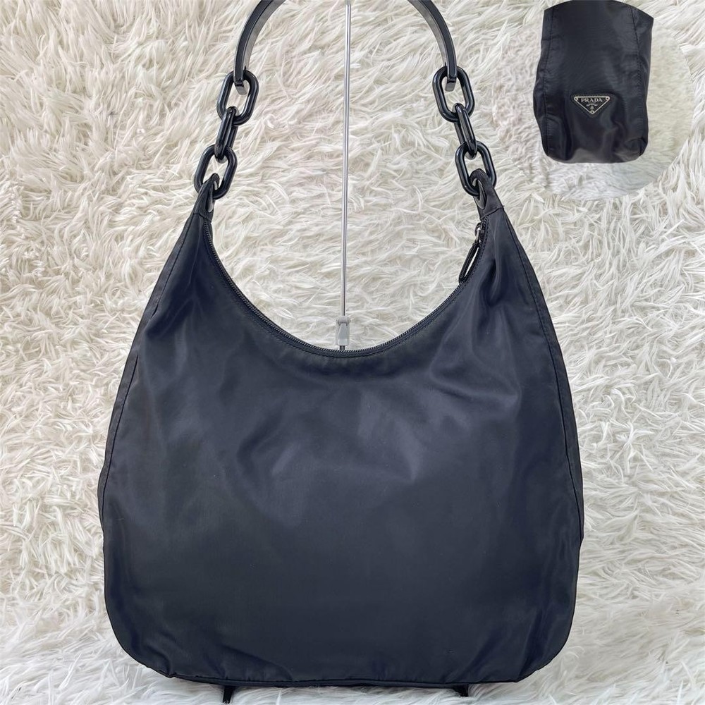 PRADA Black One Shoulder Bag with Plastic Chain Made in Japan