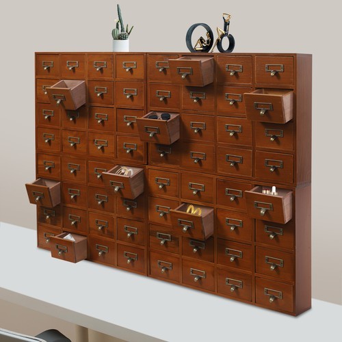 64-Drawer Pine Wood Storage Cabinet - Organize Small Items on Tabletop or Desk  