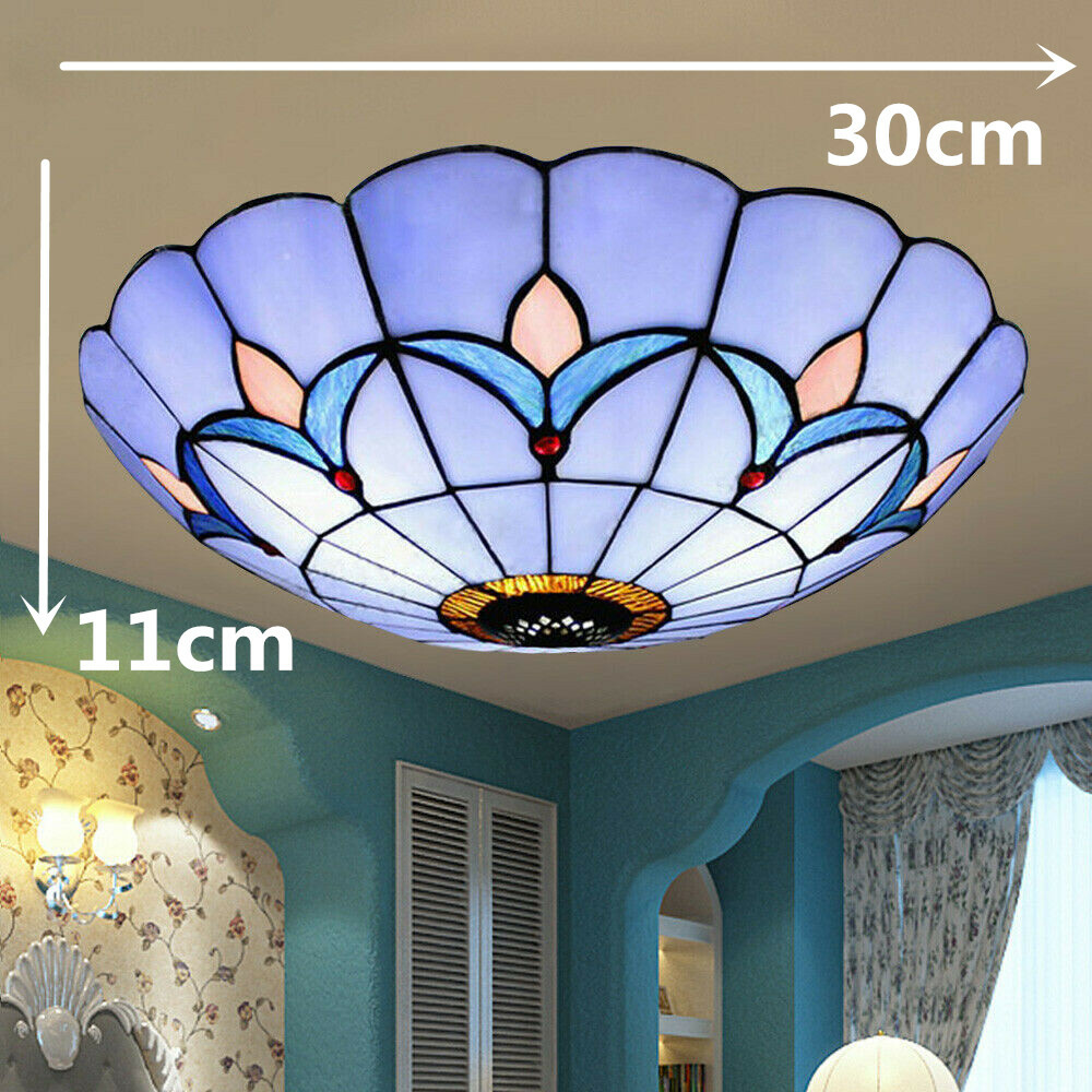 Vintage Tiffany Style 12 Inch Stained Glass Flush Mount Ceiling Light Fixture
