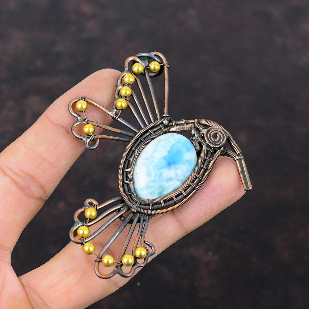Copper Larimar Stone Wire Wrapped Bird Pendant Jewelry for Easter Wedding Sale