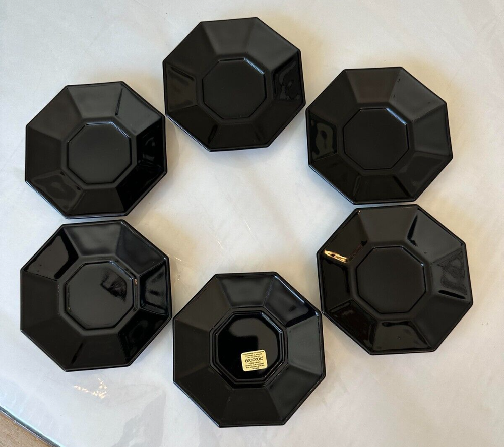 Vintage Arcoroc France Octime 6 Octagonal Black Glass Butter Dishes