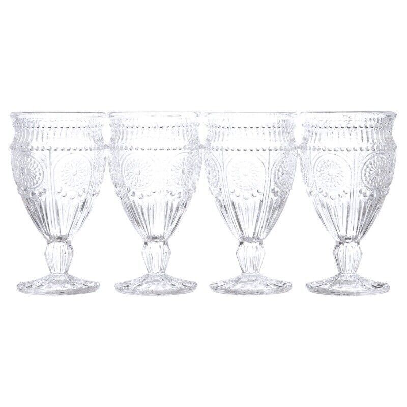 12-Ounce Footed Glass Goblets Drinking Embossed Set of 4 Entertaining Everyday