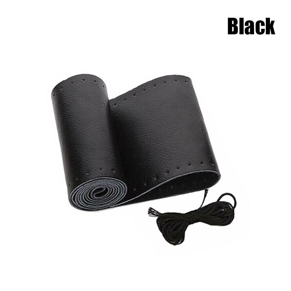 Black DIY Breathable Anti-Slip Leather Steering Wheel Cover 38cm/15