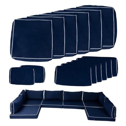 14-Piece Navy Blue Outdoor Patio Set with White Piping - 25.6