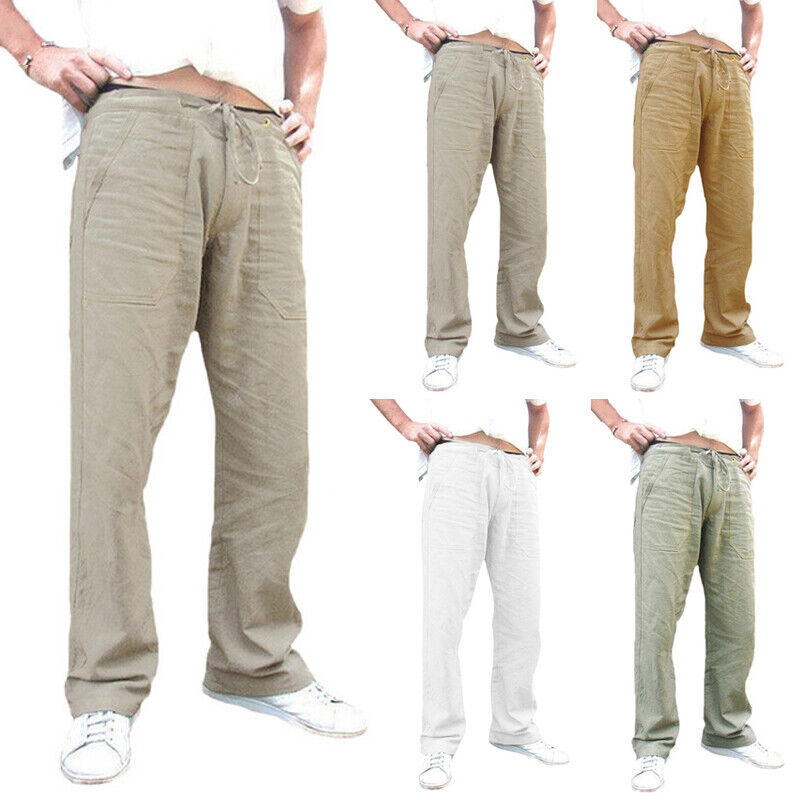 Men's Loose Fit Linen Cotton Elastic Waist Casual Streetwear Trousers  