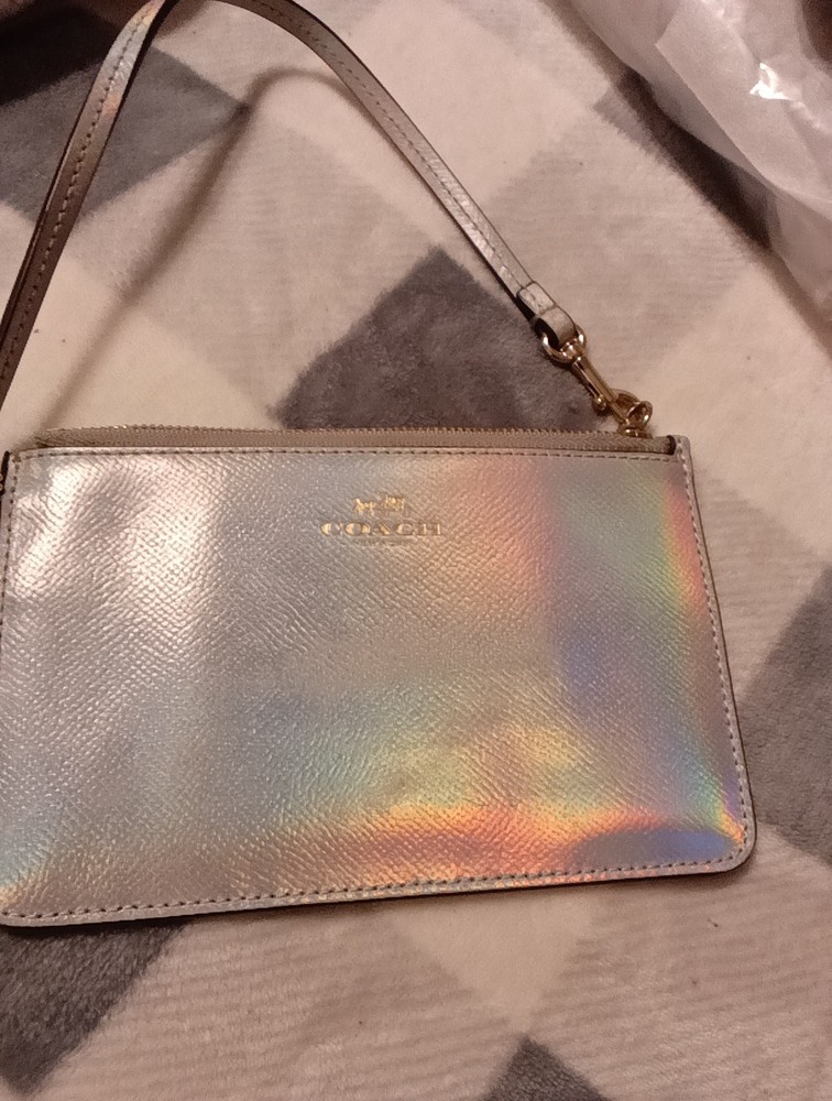 New Coach Hoogram Oil Sleek Zip Leather Wristlet Wallet In Iridescent Silver
