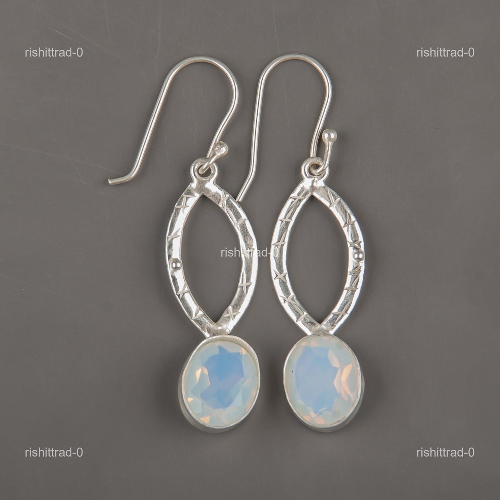 Christmas Sale Oval Milky Opal Boho Drop Earrings in Sterling Silver for Birthdays-image