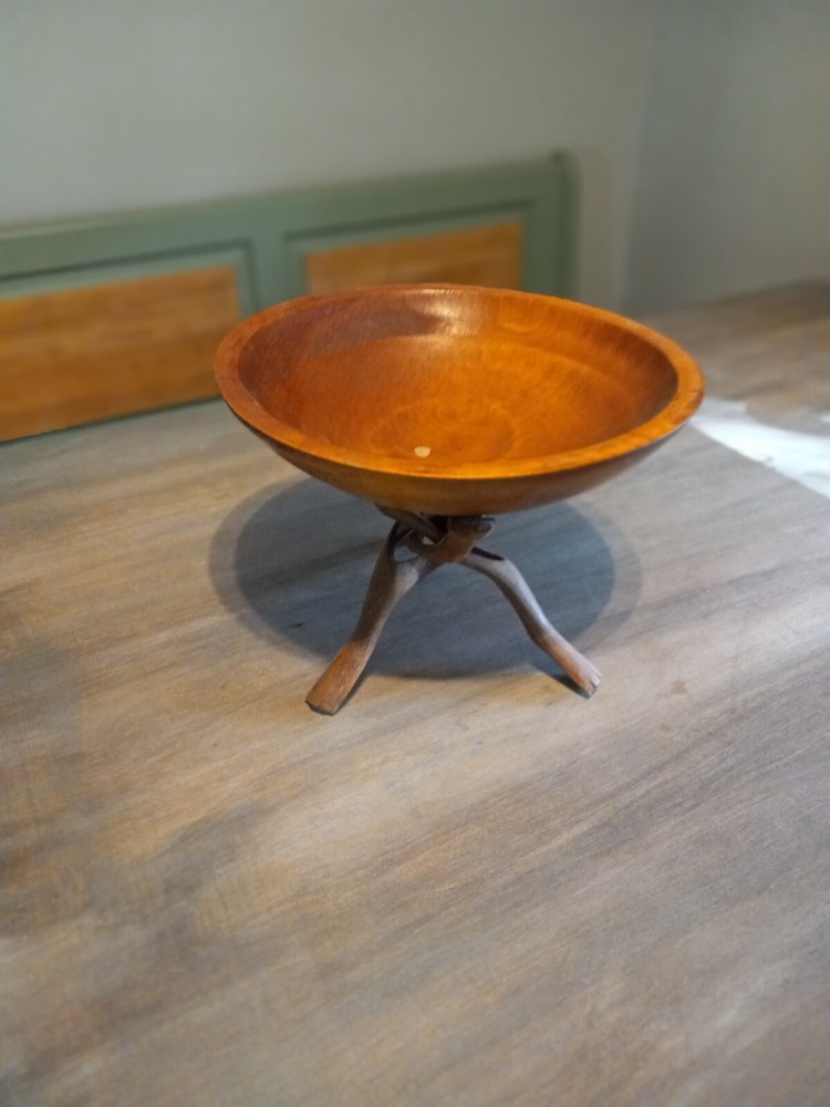 Vintage Hand Carved Wooden Serving Bowl with Wooden Carved Interlocking Stand