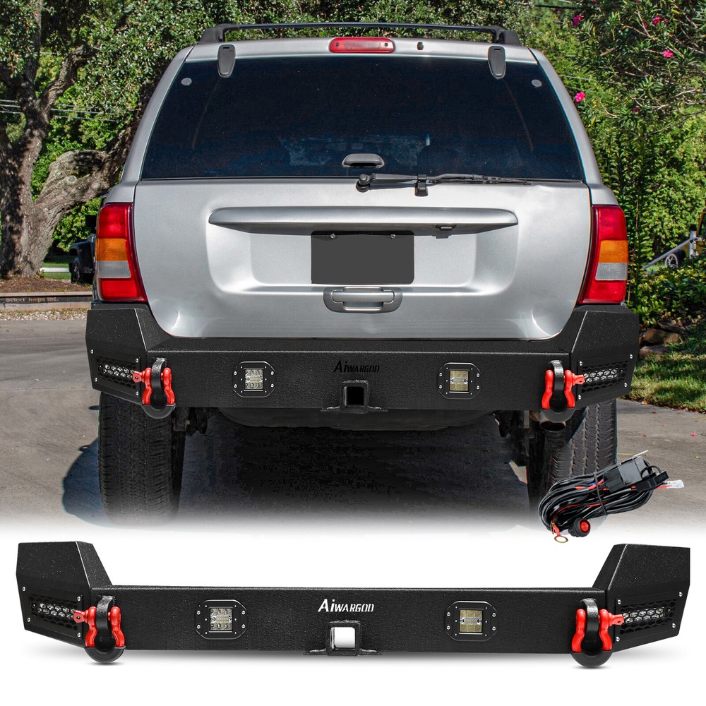 For 1999-2004 Jeep Grand Cherokee WJ Steel Rear Bumper w/ LED Lights & D-rings