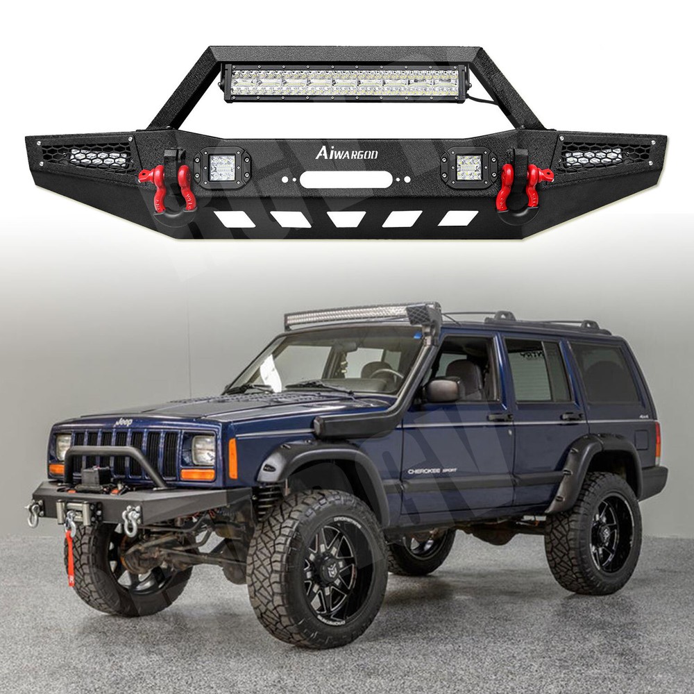 For 1983-2001 Jeep Cherokee XJ Steel Front Bumper w/ Winch Plate & LEDs & D-Ring